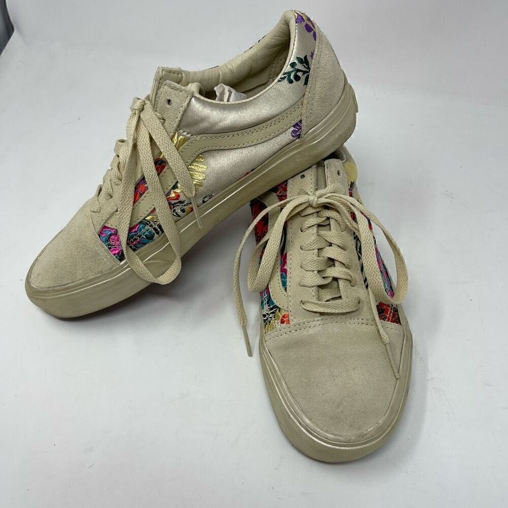 Vans Cream Gold Old Skool Festival Satin Cream Floral Sneaker Shoes Size 8